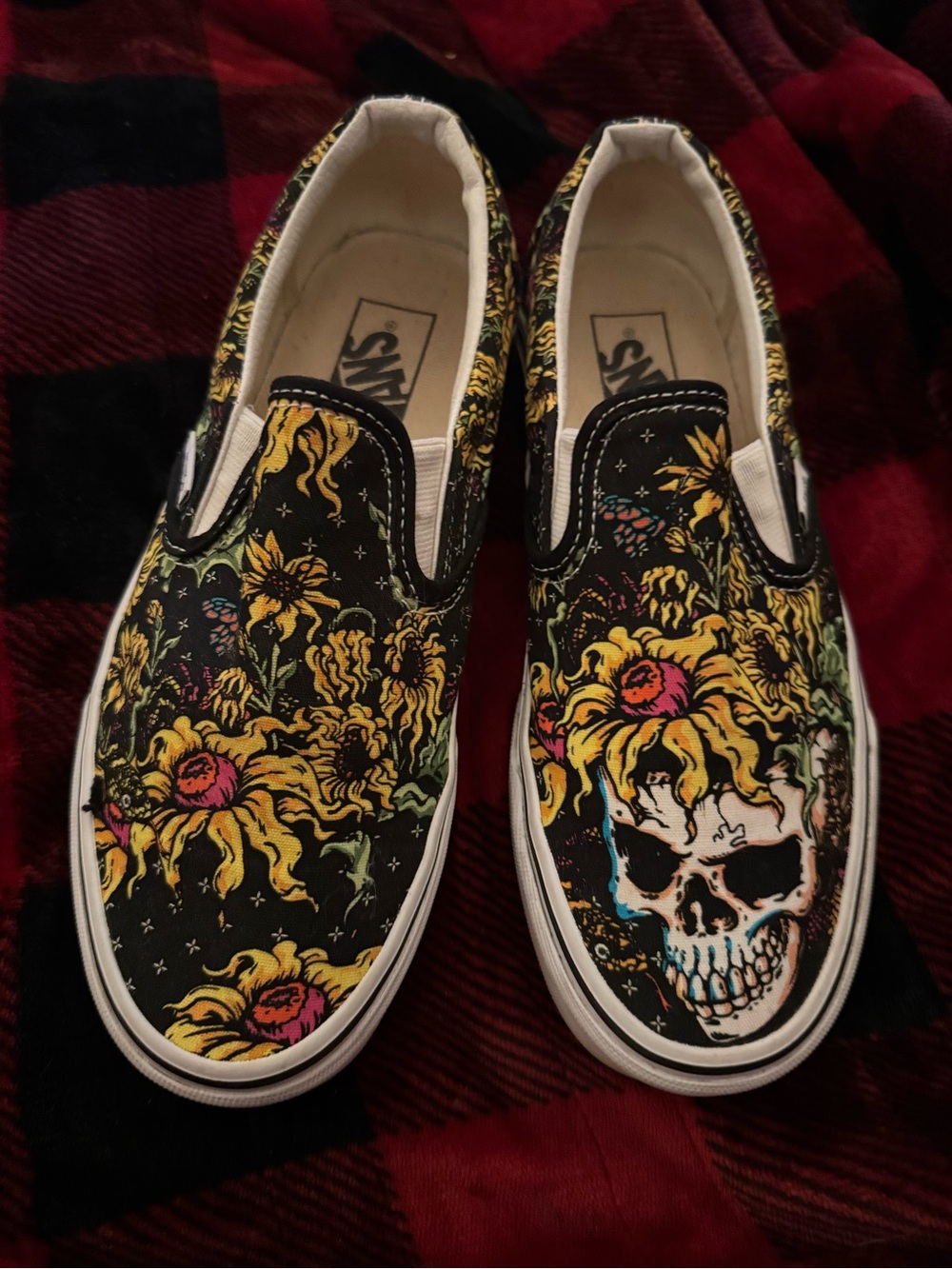 Vans Black Slip-On Sneakers with Yellow Floral & Skull Print